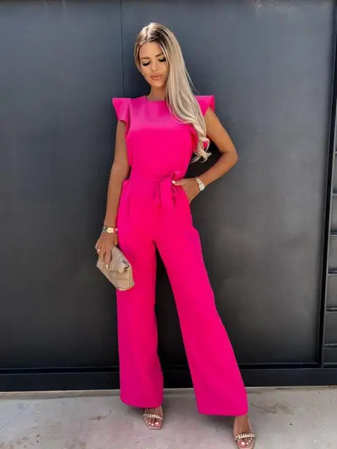 Summer Women's Jumpsuit With Ruffle Sleeves And Tie Belt