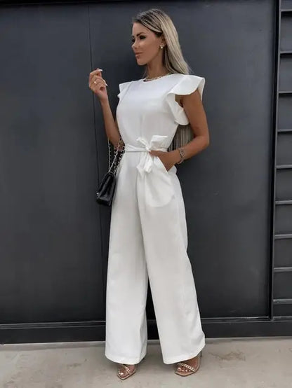 Summer Women's Jumpsuit With Ruffle Sleeves And Tie Belt