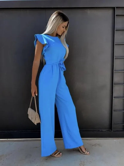 Summer Women's Jumpsuit With Ruffle Sleeves And Tie Belt