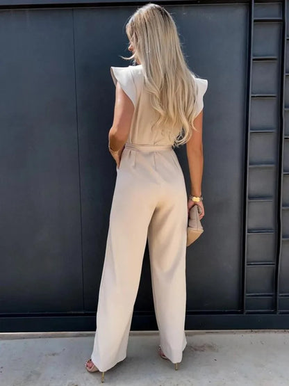 Summer Women's Jumpsuit With Ruffle Sleeves And Tie Belt
