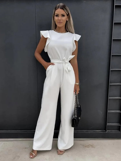 Summer Women's Jumpsuit With Ruffle Sleeves And Tie Belt