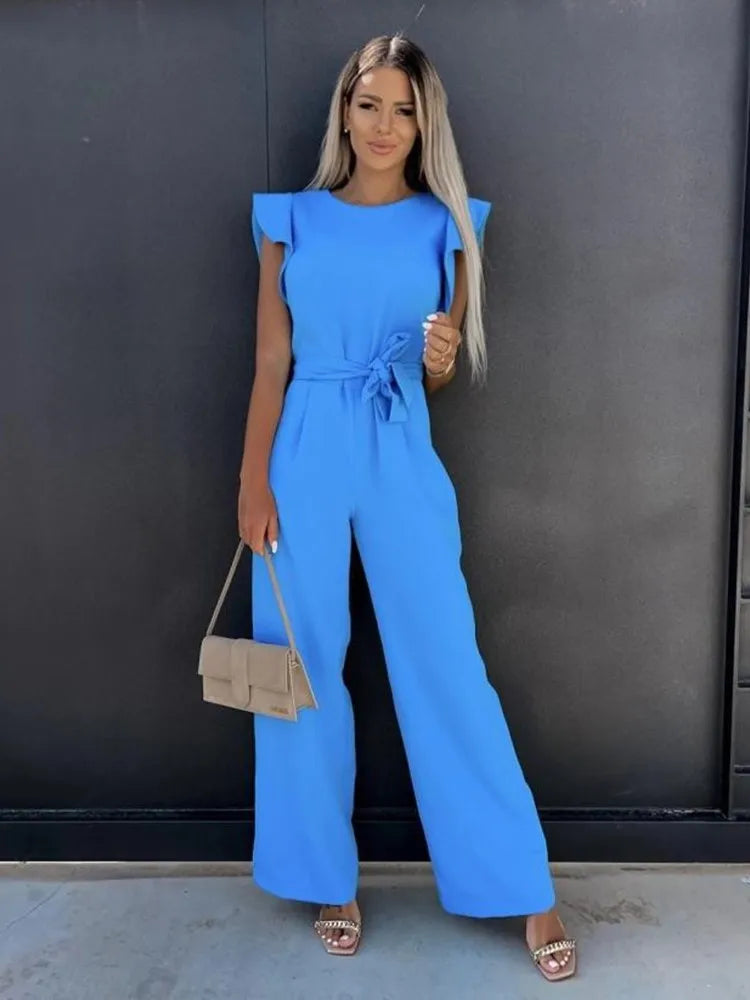 Summer Women's Jumpsuit With Ruffle Sleeves And Tie Belt