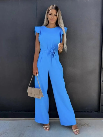 Summer Women's Jumpsuit With Ruffle Sleeves And Tie Belt