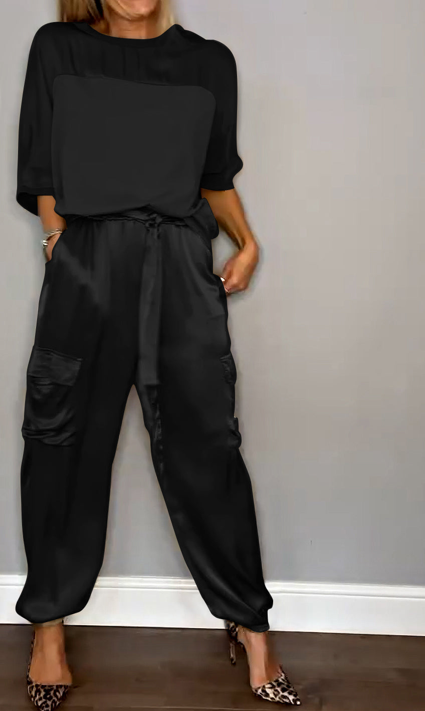 Chic Women's Satin Cargo Set with Top and High Waist Pants