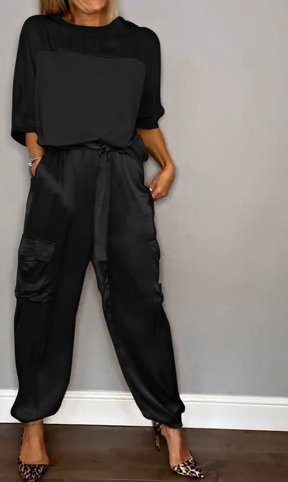 Chic Women's Satin Cargo Set with Top and High Waist Pants