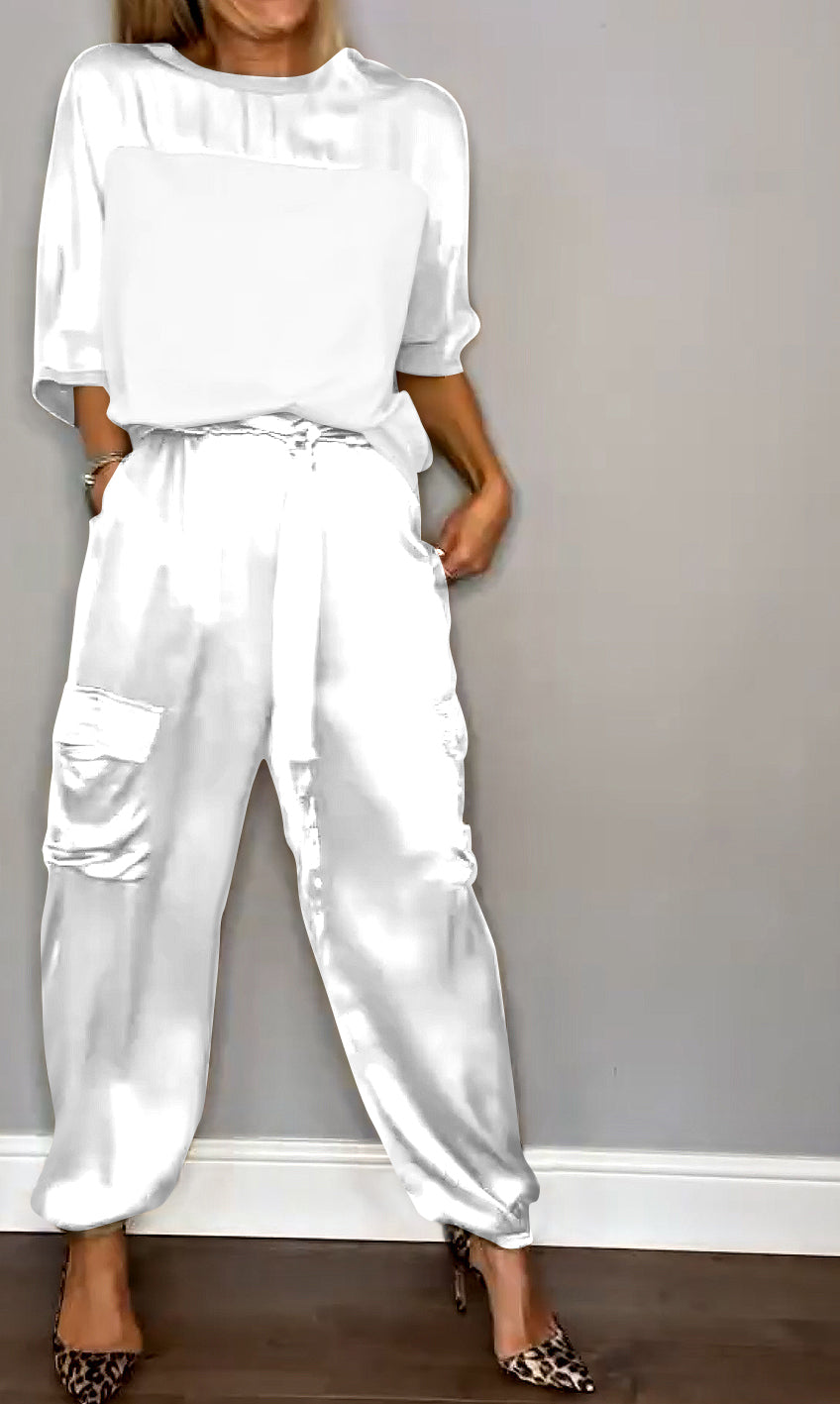 Chic Women's Satin Cargo Set with Top and High Waist Pants