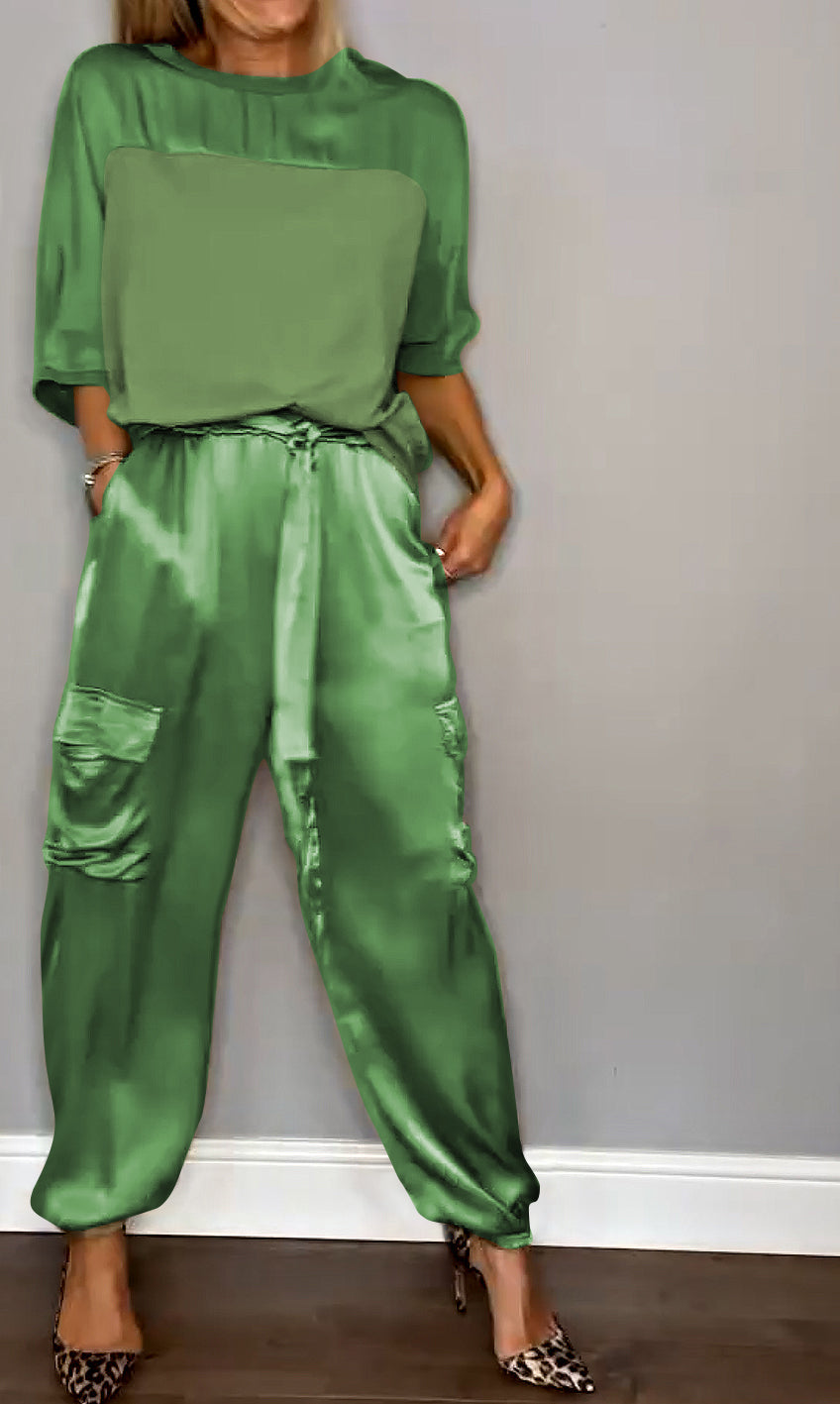 Chic Women's Satin Cargo Set with Top and High Waist Pants