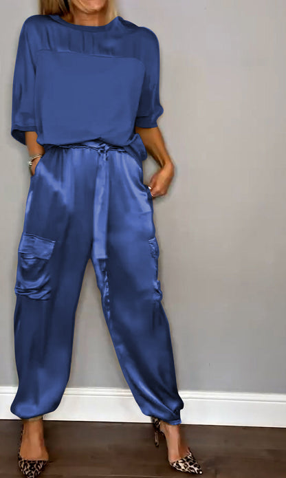 Chic Women's Satin Cargo Set with Top and High Waist Pants