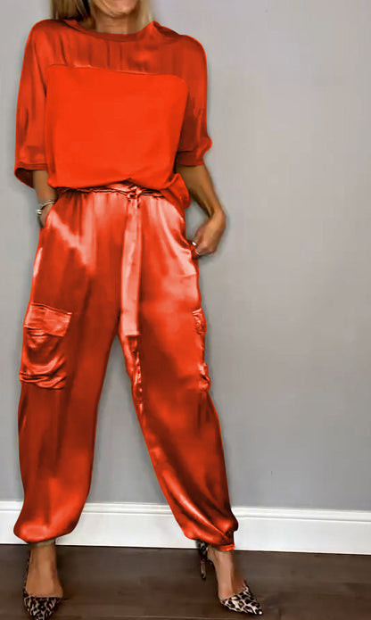 Chic Women's Satin Cargo Set with Top and High Waist Pants