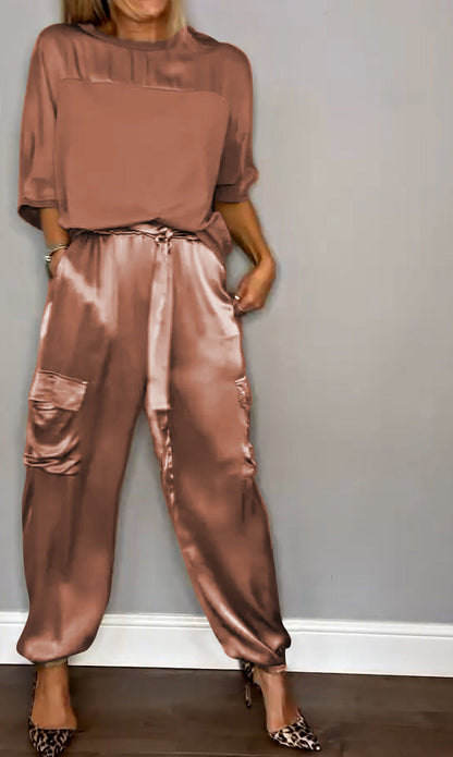 Chic Women's Satin Cargo Set with Top and High Waist Pants