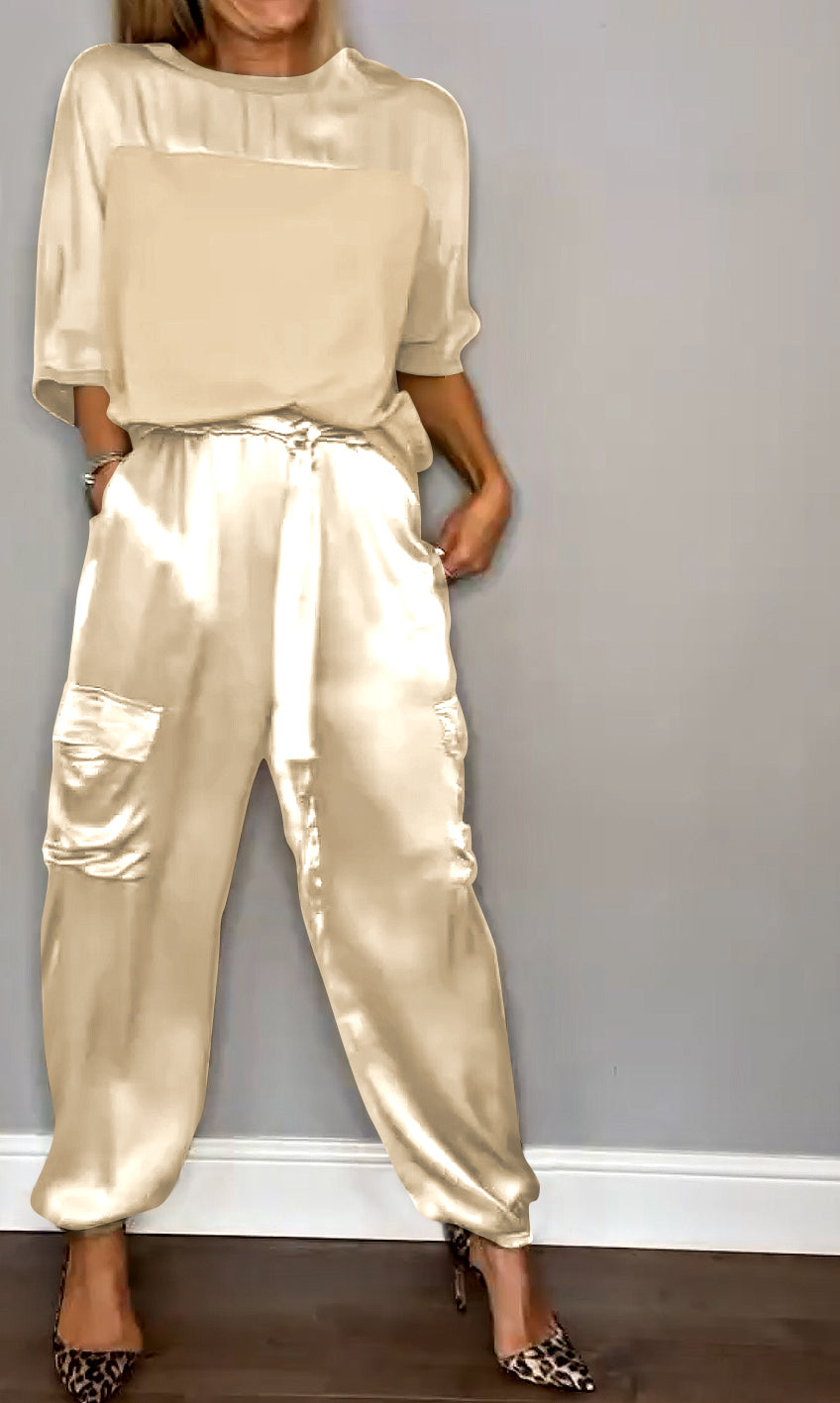 Chic Women's Satin Cargo Set with Top and High Waist Pants