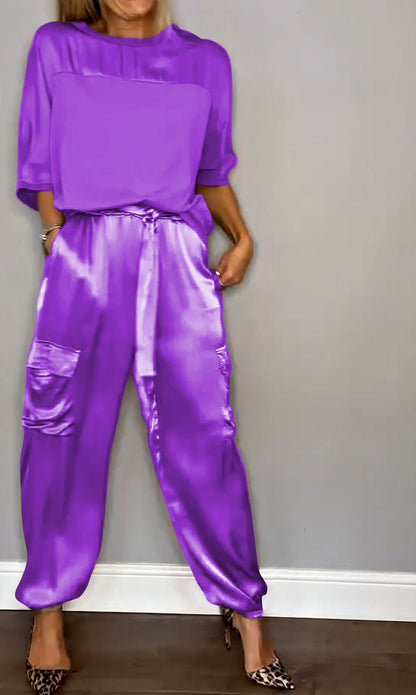Chic Women's Satin Cargo Set with Top and High Waist Pants