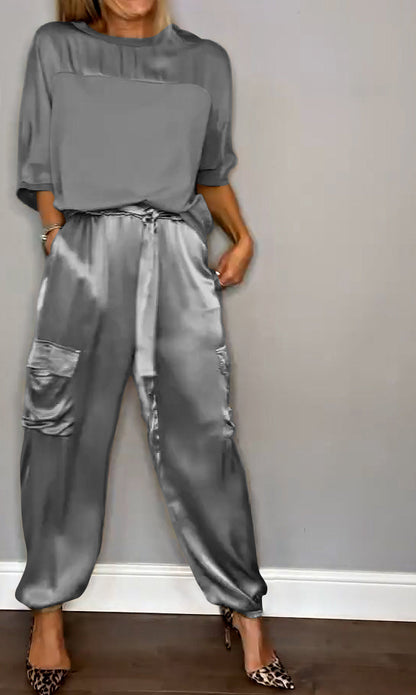 Chic Women's Satin Cargo Set with Top and High Waist Pants