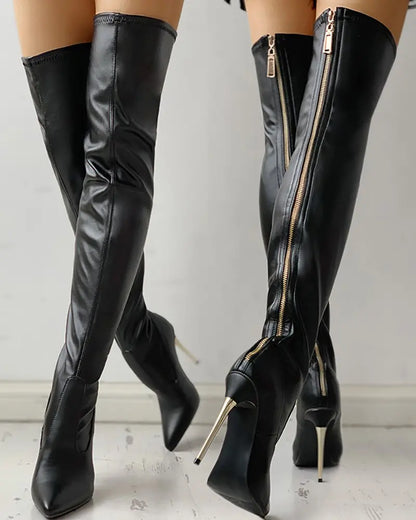 Mara | Over-the-Knee Boots with Gold Heel and Zipper Detail