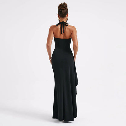 Moni | Halter Evening Dress with Deep Neckline and High Split