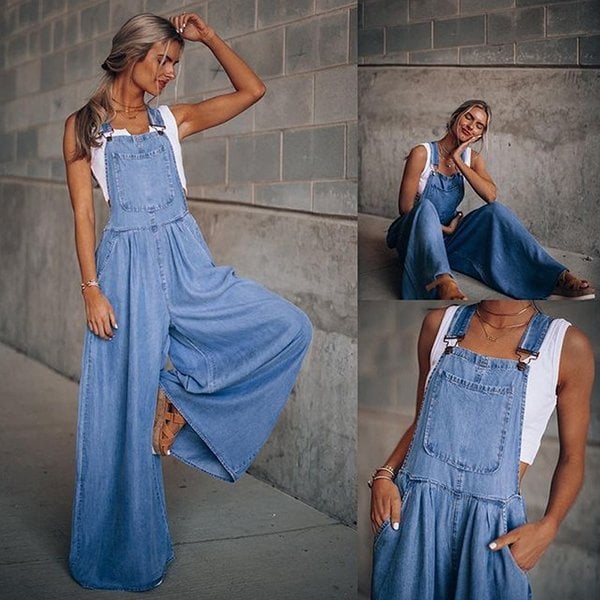 Trendy Women's Denim Jumpsuit with Wide Legs and Straps
