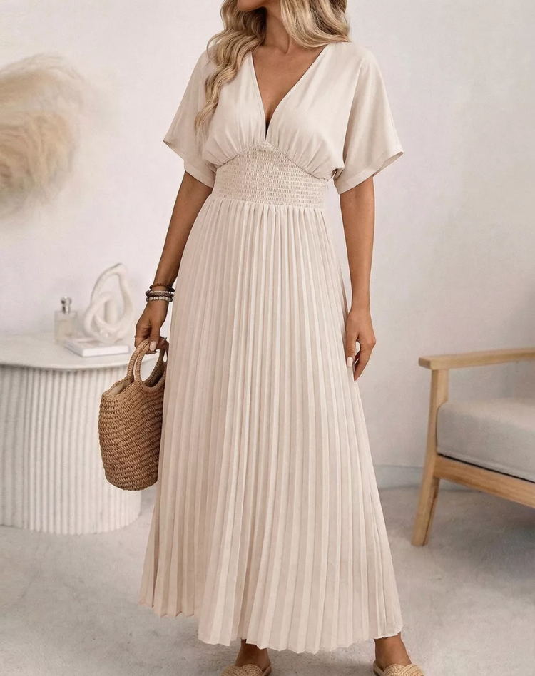 Airy Beige Midi Dress with V Neck and Buttons for Women