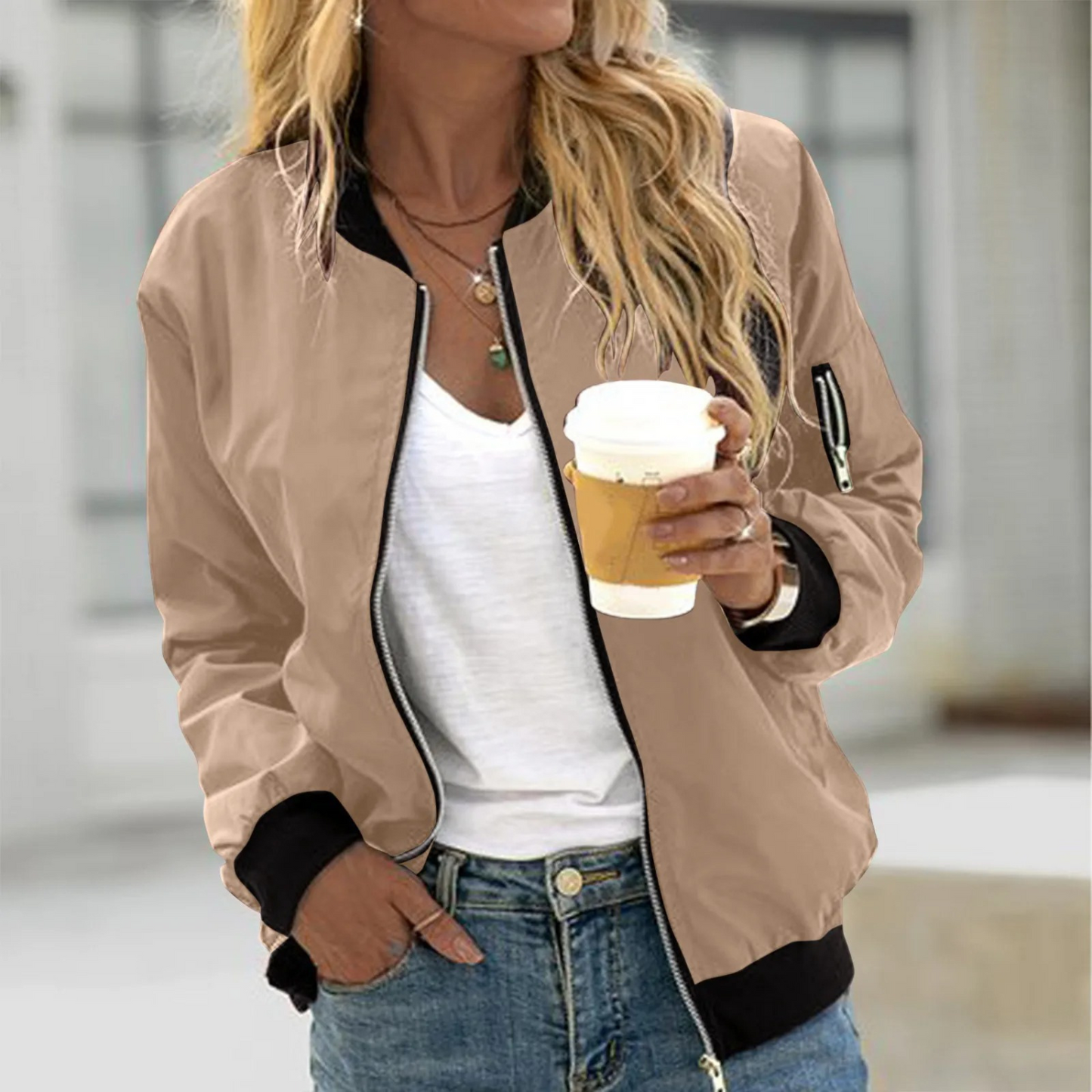 Trendy comfortable women's bomber jacket with zipper