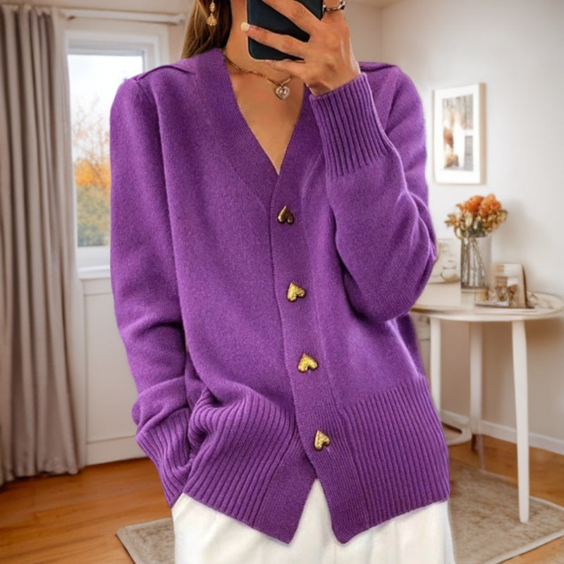 Women's Cardigan With Heart-shaped Buttons And Long Sleeves