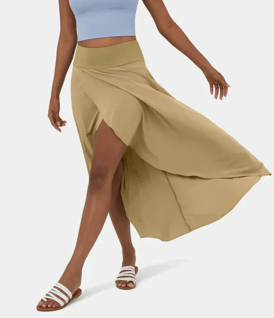 Airy Summer Midi Skirt with High Waist and Slit for Women