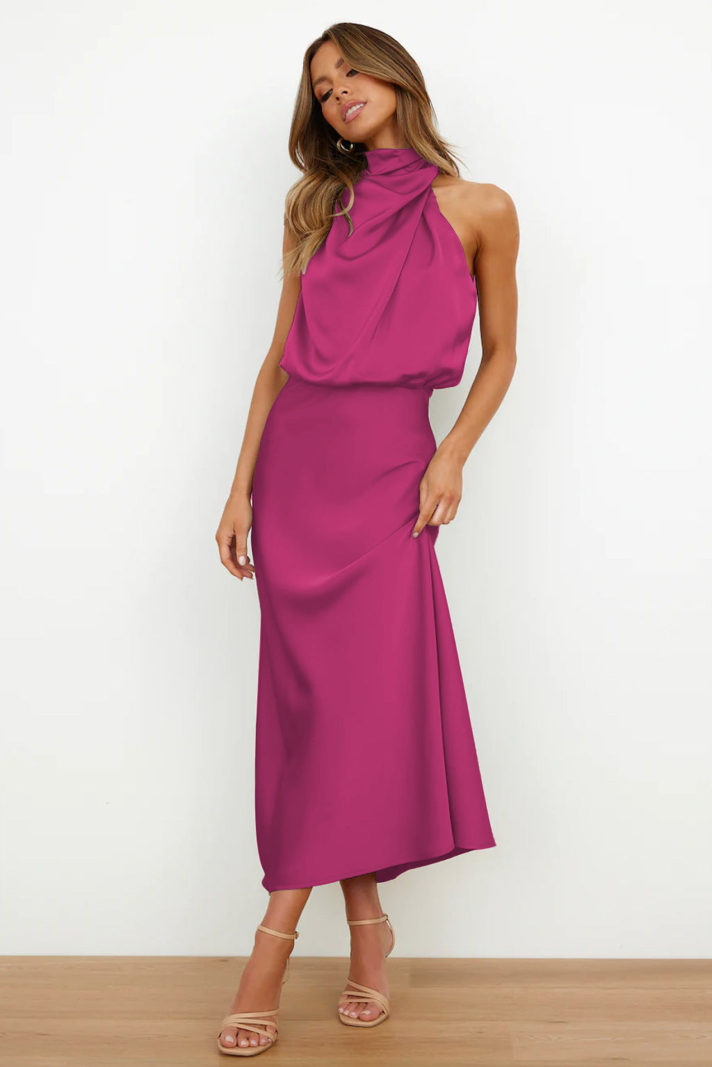 Nela| Satin Halter Midi Dress