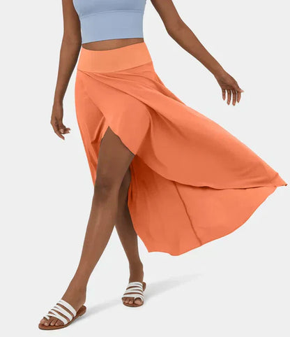 Airy Summer Midi Skirt with High Waist and Slit for Women