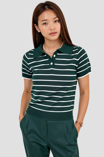 Trendy Green Striped Polo for Women