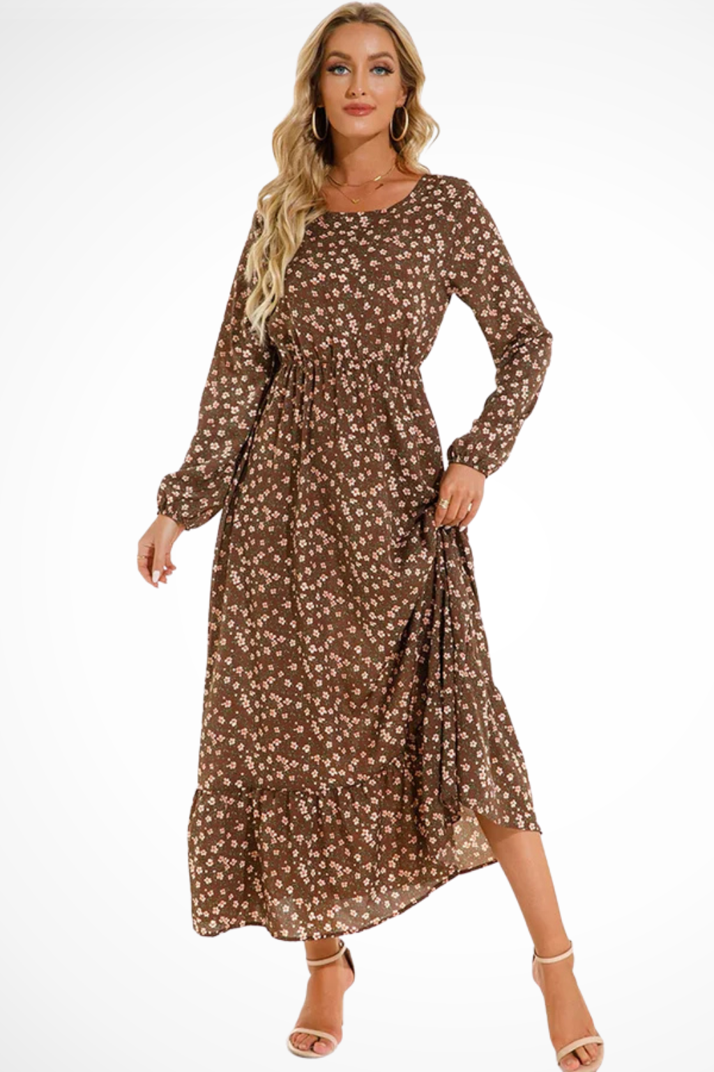 Maxi Summer Dress With Floral Print And Long Sleeves For Women