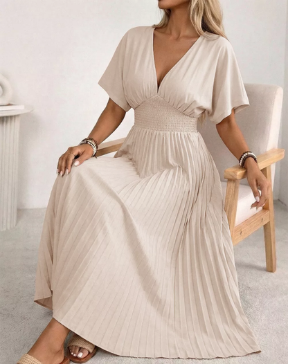 Airy Beige Midi Dress with V Neck and Buttons for Women