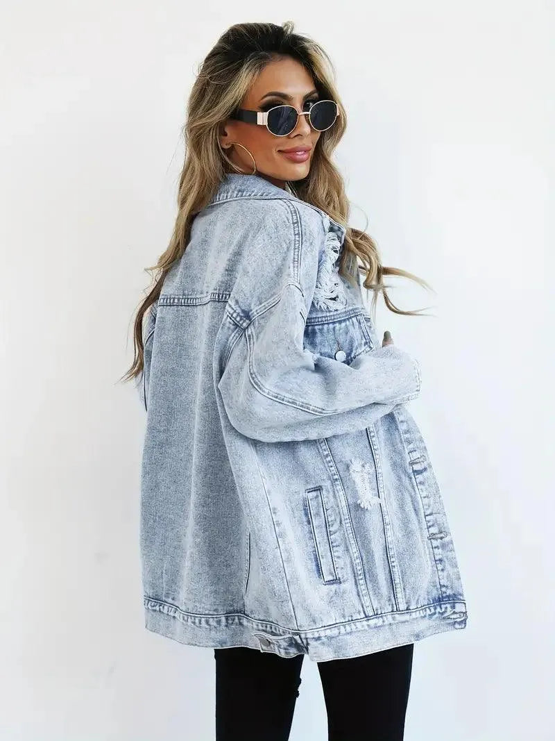 Women's Oversized Denim Jacket with Edgy Look and Snap Button Closure
