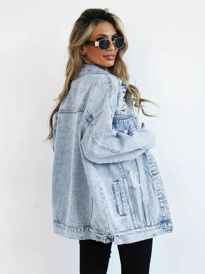 Women's Oversized Denim Jacket with Edgy Look and Snap Button Closure