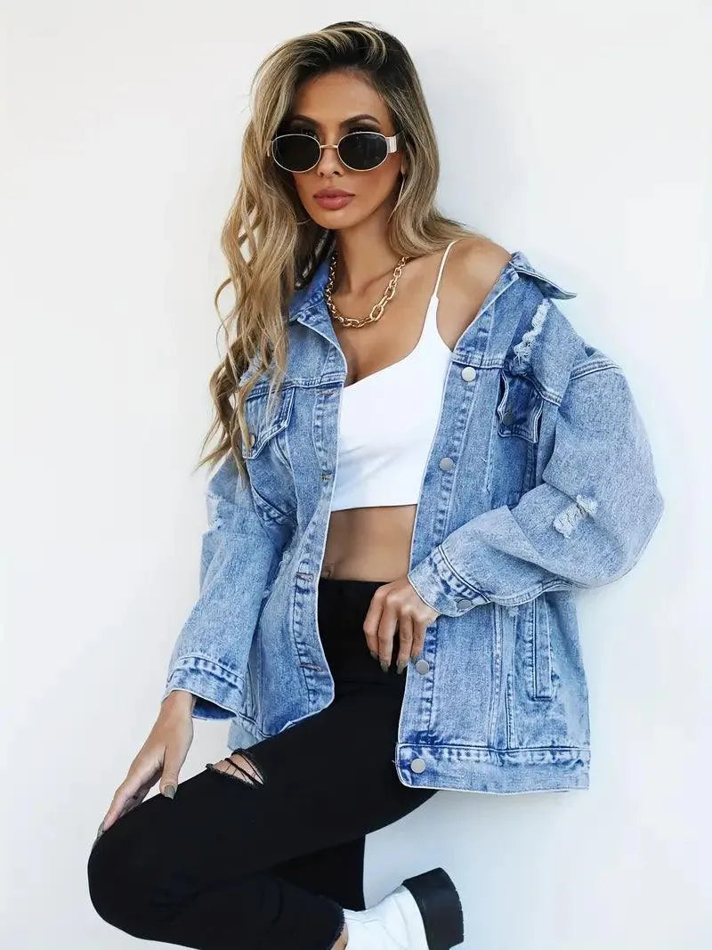 Women's Oversized Denim Jacket with Edgy Look and Snap Button Closure