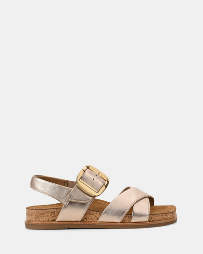 Gold Summer Women's Sandals with Cross Straps and Gold Buckle