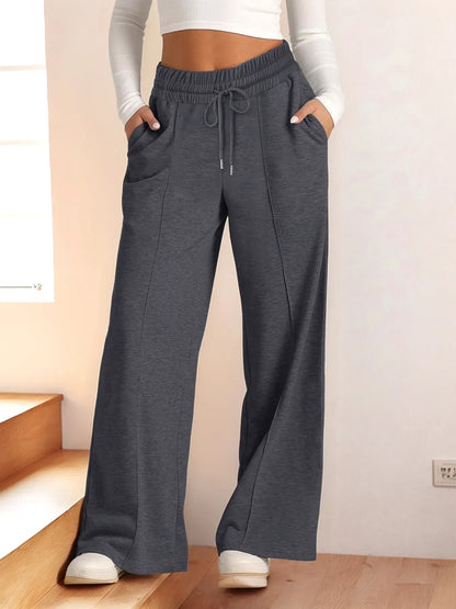 Gray Women's Jogging Pants With Elastic Waist And Wide Legs