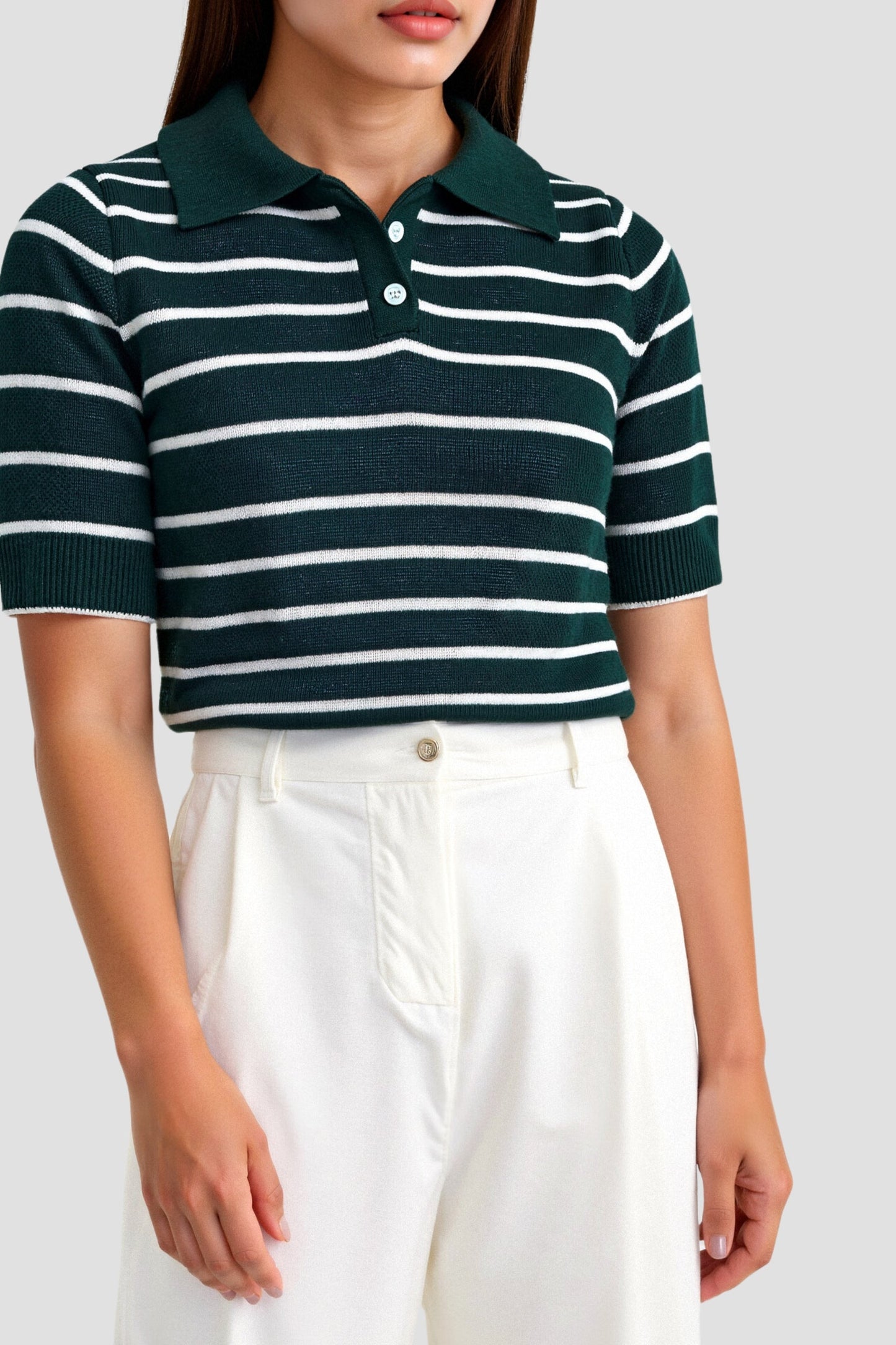 Trendy Green Striped Polo for Women