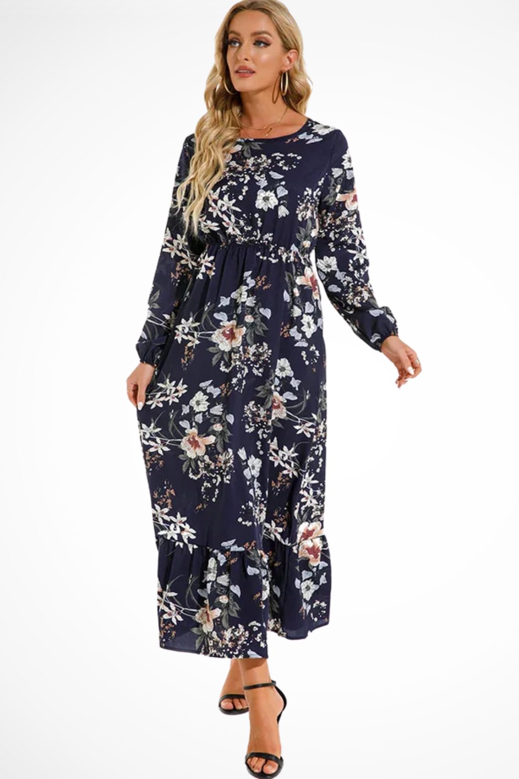 Maxi Summer Dress With Floral Print And Long Sleeves For Women