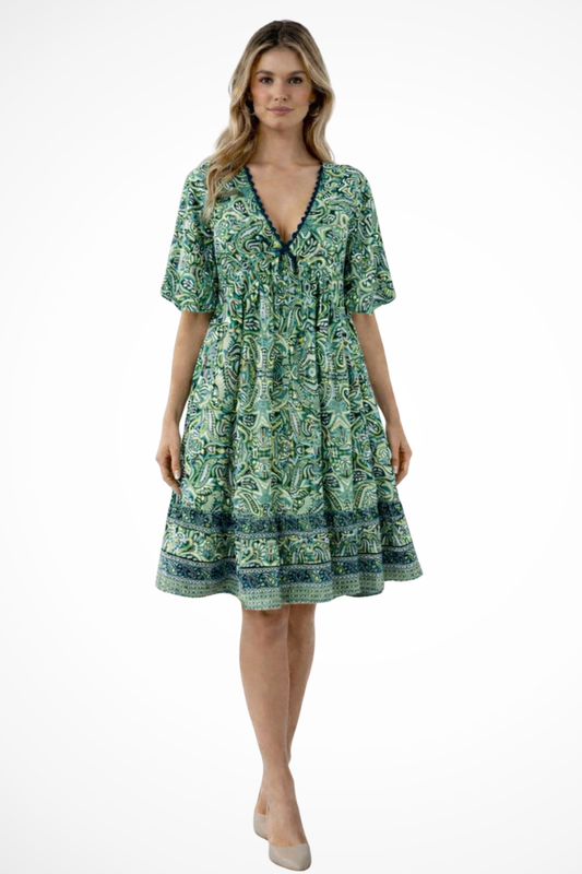 Soft Midi Summer Dress With V-Neck And Boho Print
