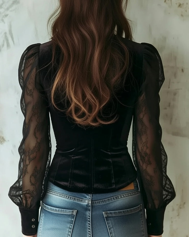 Luxury Black Lace Blouse For Women With Sheer Sleeves
