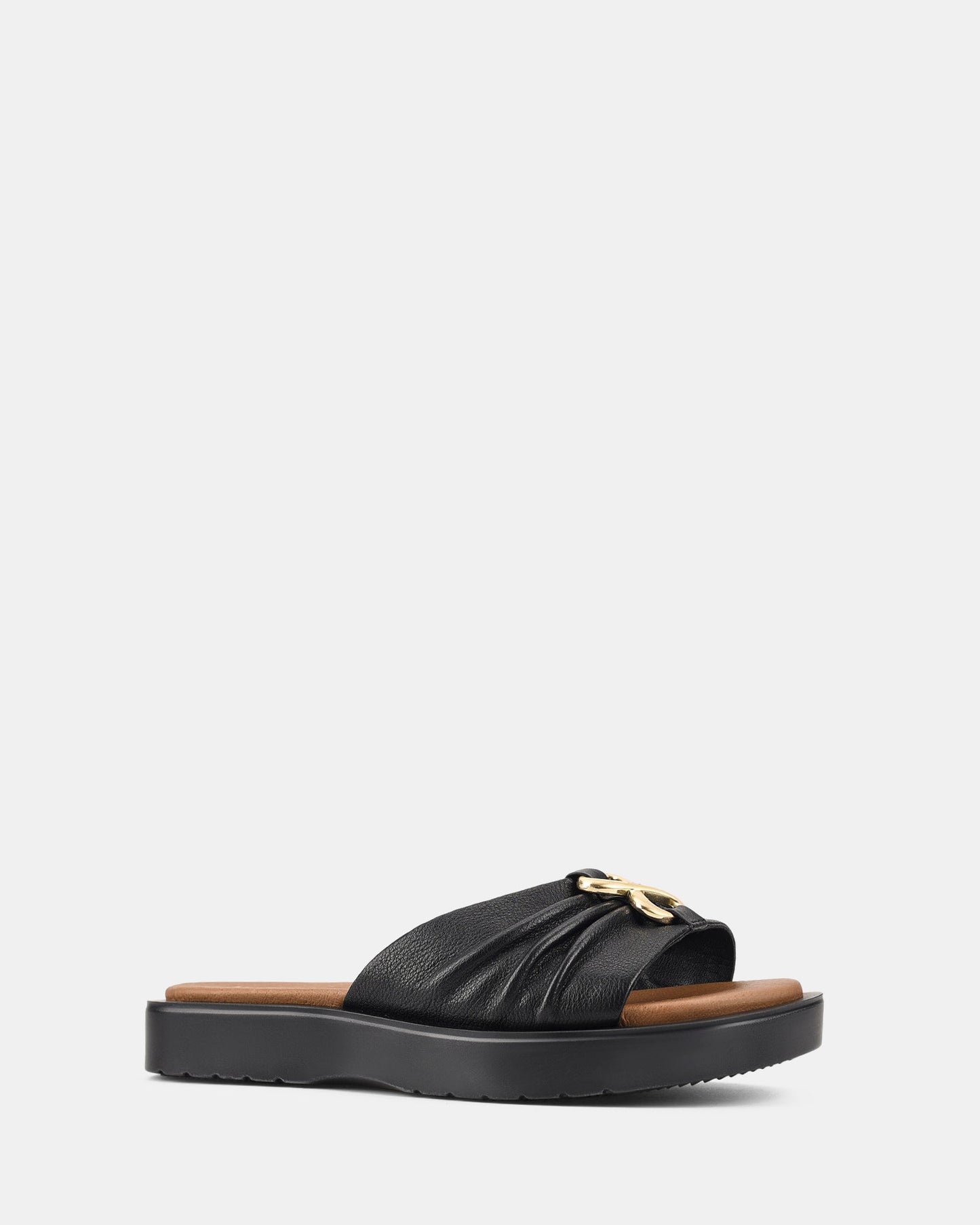 Women's Black Sandals with Wavy Sole and Gold Buckle