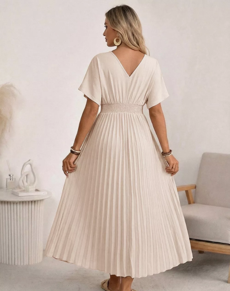 Airy Beige Midi Dress with V Neck and Buttons for Women