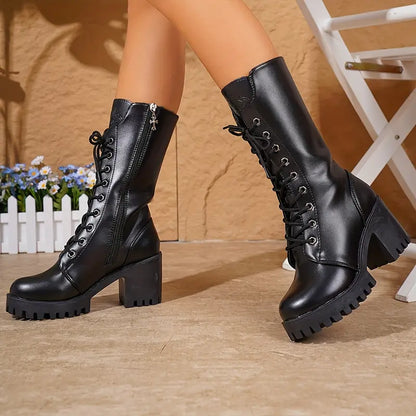 Trendy Women's Black Combat Knee Boots With Laces And Chunky Heel