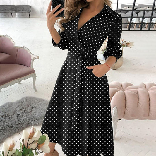 Women's Midi Dress with Long Sleeves and Polka Dot Print
