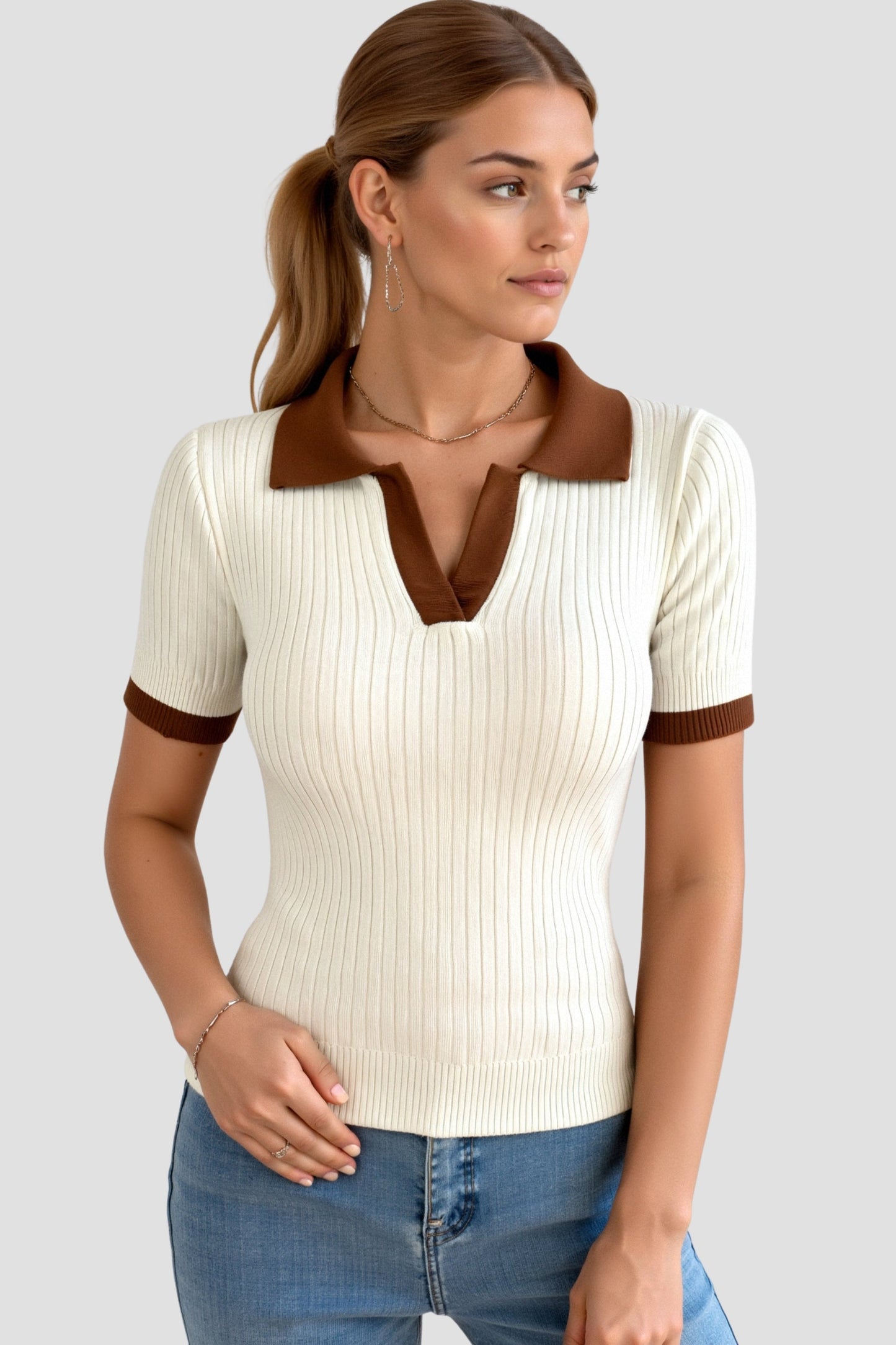 Elegant Women's Polo with Rib Pattern and V-neck