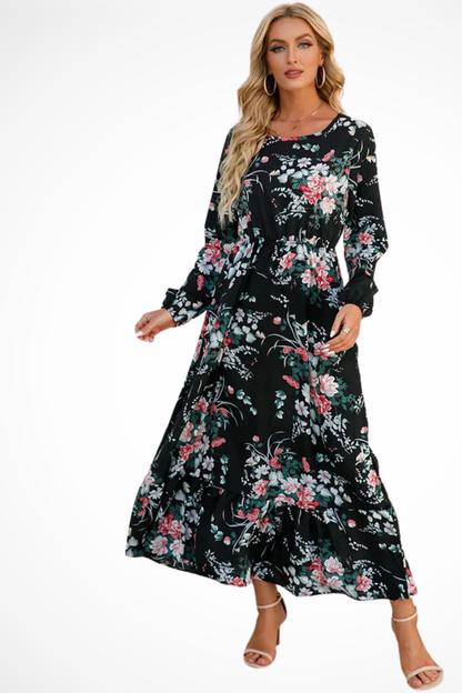 Maxi Summer Dress With Floral Print And Long Sleeves For Women