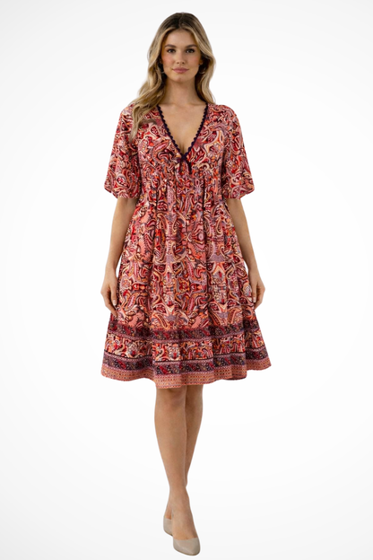 Soft Midi Summer Dress With V-Neck And Boho Print
