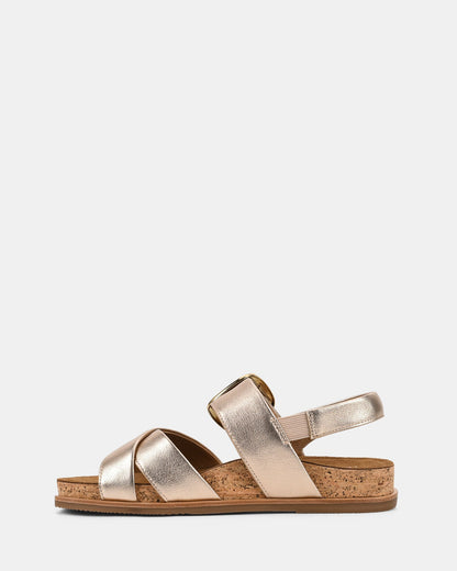 Gold Summer Women's Sandals with Cross Straps and Gold Buckle
