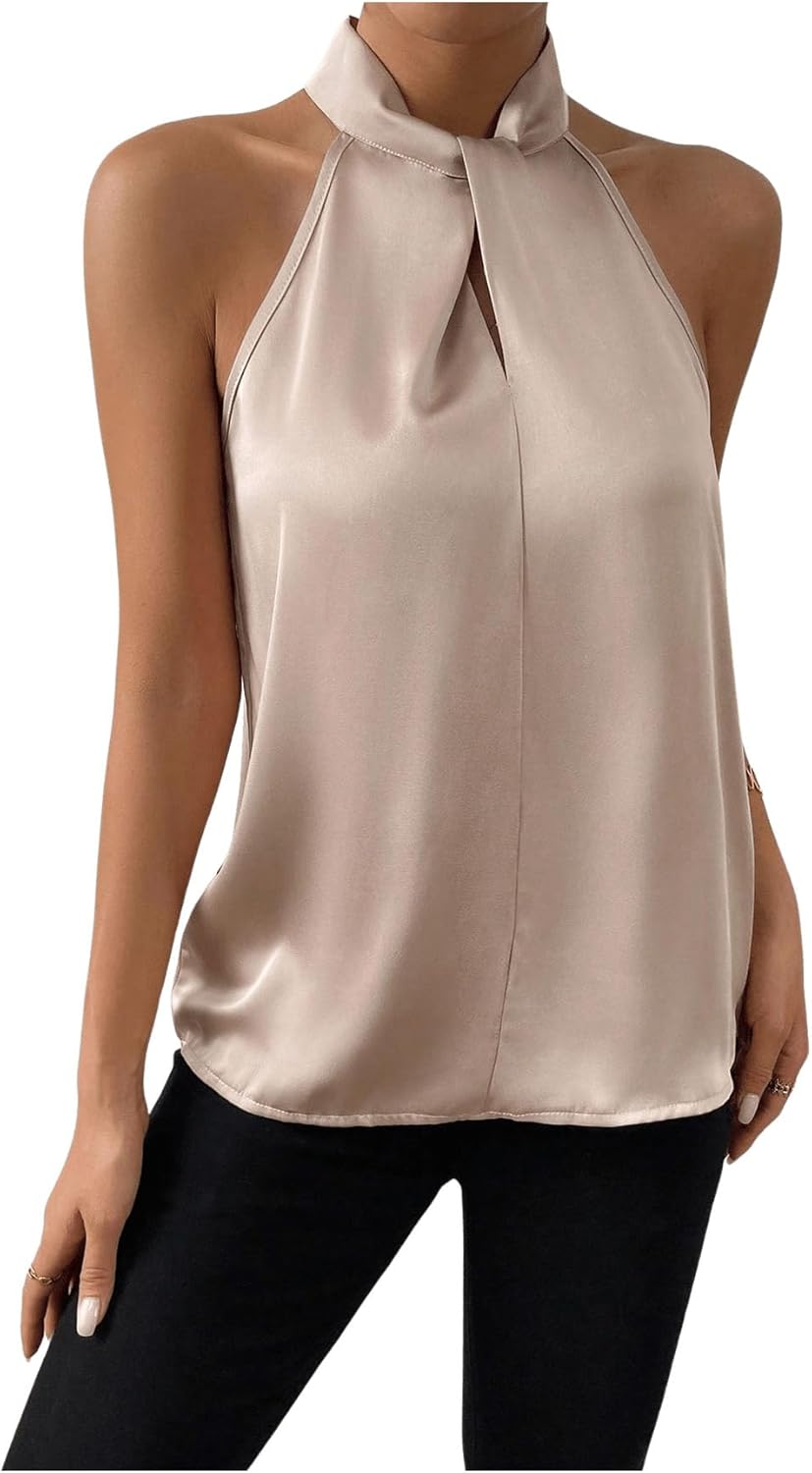 Gold Airy Women's Satin Halter Blouse with High Neck