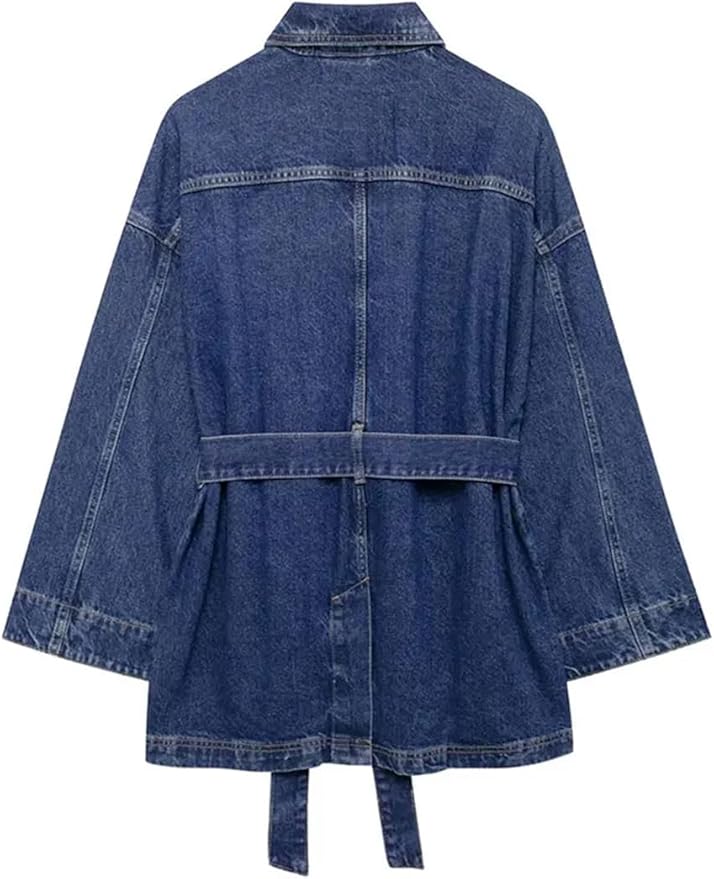 Long Trendy Denim Jacket for Women with Belt and Pockets