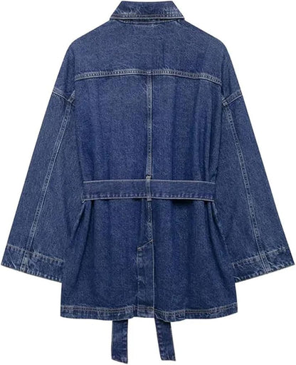 Long Trendy Denim Jacket for Women with Belt and Pockets