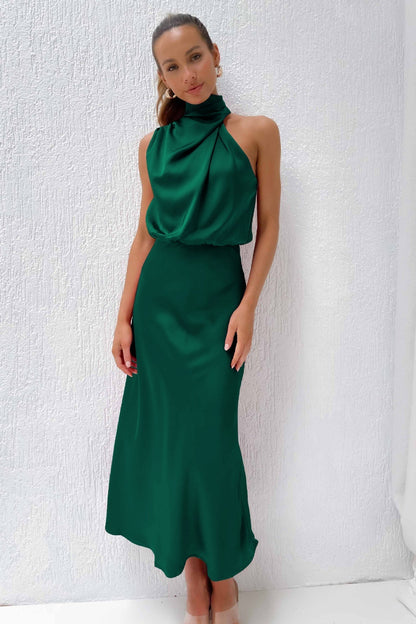 Nela| Satin Halter Midi Dress